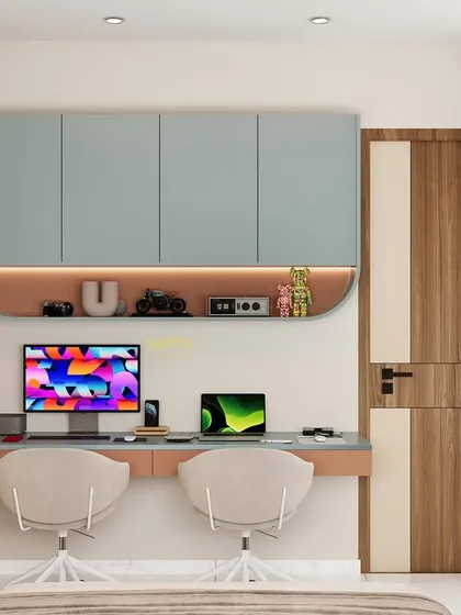 The study area for the kids' bedroom, designed for two. The desk is flanked by curved, open shelving units with integrated lighting, providing a stylish and functional space for learning.