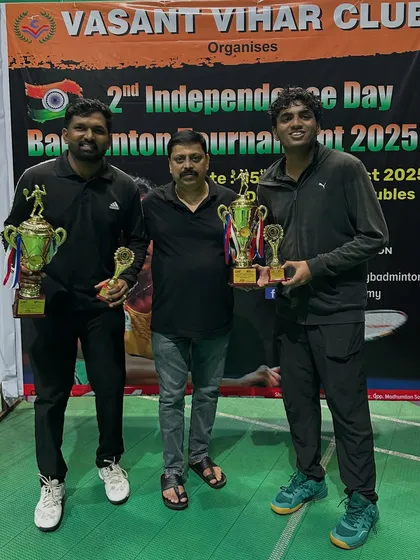 Winners of the Men's Doubles A Group, Vivek Sir and Aaryan, showcasing a perfect blend of experience and youth.