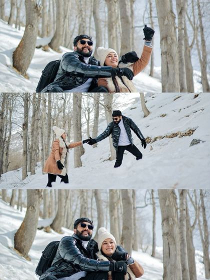 A fun and playful collage of a couple enjoying the snow in Sissu, Himachal, perfect for a Bollywood-inspired pre-wedding film.