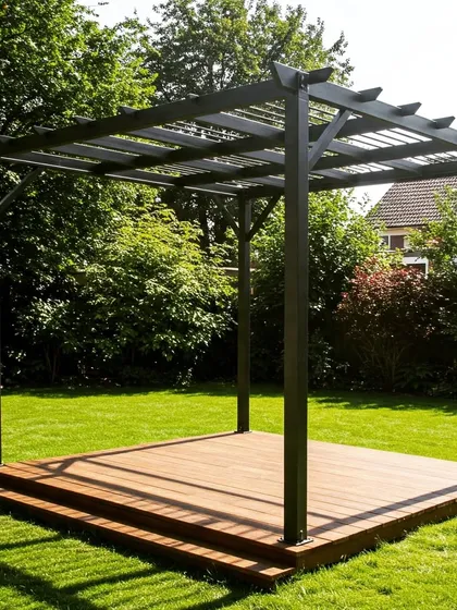 A dark metal pergola on a raised wooden deck with built-in steps. The clean, modern design contrasts beautifully with the surrounding green lawn and trees.