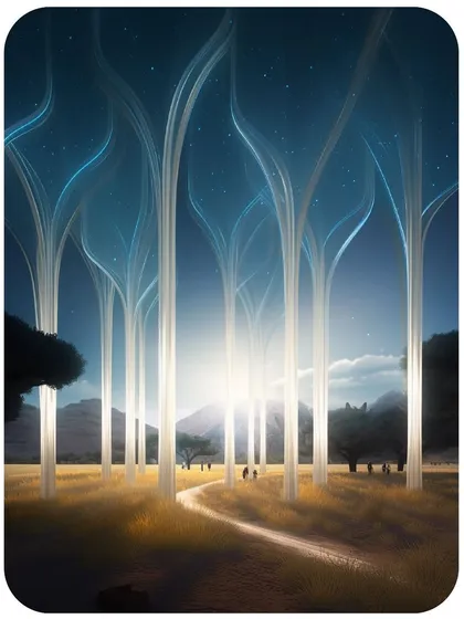 The path through the Meadows Plaza is illuminated by towering light structures, guiding users on their journey through this virtual world.