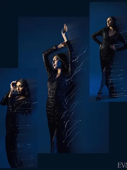 An artistic studio portrait demonstrating our creative techniques. This collage uses motion blur and dramatic blue lighting to capture a model in a sequined black gown, creating a sense of movement and glamour for high-end fashion photography.
