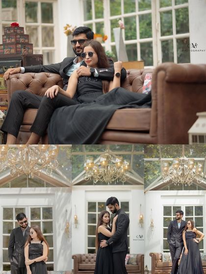 A collage of glamorous pre-wedding photos in a vintage-style room. The shots by the leather sofa and chandelier create a sophisticated and fashionable look.