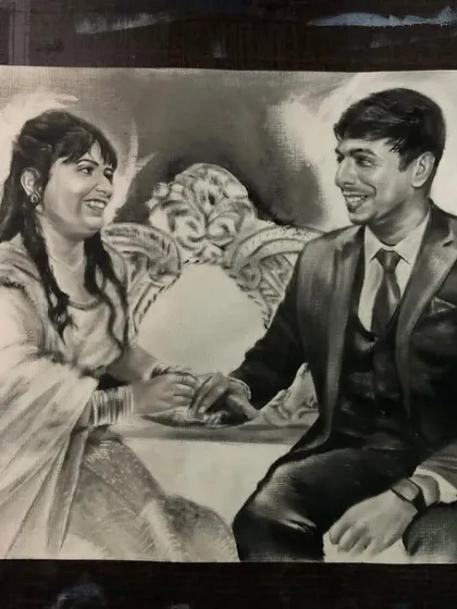 A dry brush portrait capturing a candid, happy moment between a couple. The technique allows for soft shading and realistic textures, even in monochrome.