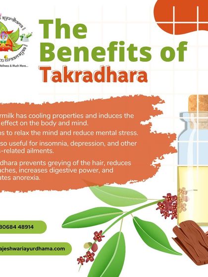 Takradhara is a cooling therapy similar to Shirodhara but uses medicated buttermilk. It is excellent for reducing mental stress, treating insomnia, preventing premature greying of hair, and alleviating headaches.