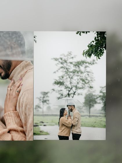 A couple sharing a laugh under an umbrella during a romantic, rainy pre-wedding session. These unscripted moments often make for the most cherished photographs.