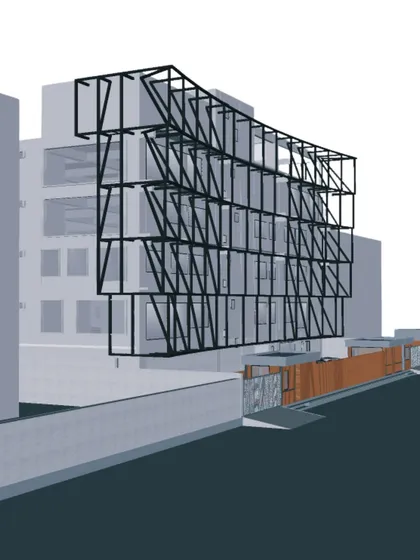 A 3D model of a curved metal lattice designed to be cantilevered from a building's facade. This exoskeleton provides solar shading and creates a powerful visual statement.