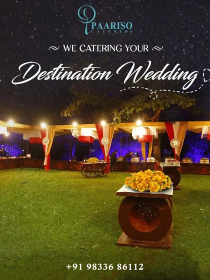 We specialize in catering for your destination wedding. This beautiful outdoor setup under the stars, with elegantly decorated food stalls, shows how we create a magical dining atmosphere in any location.