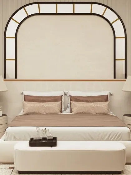The master bedroom concept for the Banjara Hills villa. The 3D visualization details a fully upholstered wing bed, a dramatic arched headboard feature, and a mix of oak, metal, and leather accents.