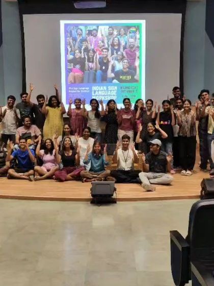The full auditorium at our Azim Premji University workshop. It's inspiring to see so many young people eager to learn sign language and become allies.