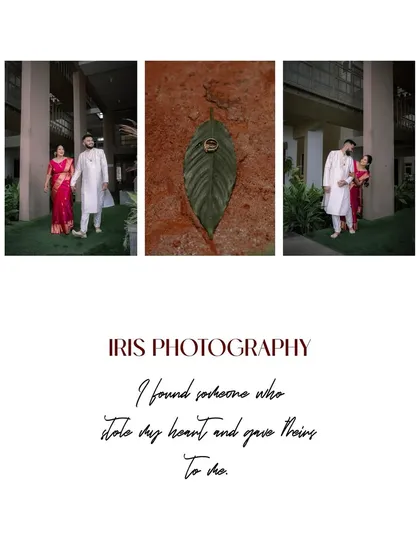 This collage combines portraits of the couple with a creative detail shot of the ring on a leaf, showcasing both the people and the symbols of their engagement.