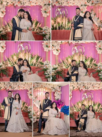 A collage showcasing Aditya and Samruddhi's engagement stage decor and their various poses. This gives a great overview of the look and feel of their celebration.