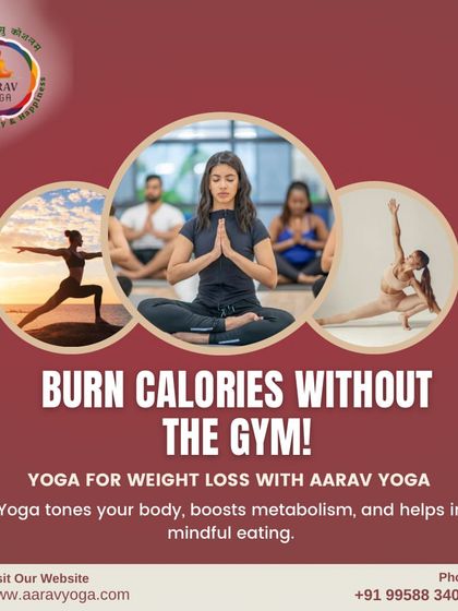 "Burn Calories Without the Gym." This ad presents yoga as an effective tool for weight loss, explaining how it tones the body, boosts metabolism, and encourages mindful eating.