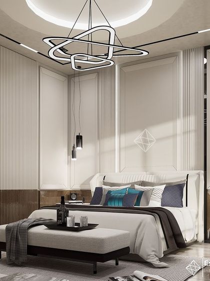 In this bedroom concept, I focused on creating a sense of height and luxury. The design features tall, paneled walls with wood accents, a striking modern chandelier, and layered pendant lighting to create a sophisticated and restful atmosphere.