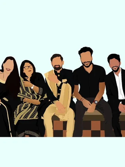 'Aye zindagi hamen sohbaton ka nasha hai' which means 'Life is all about the company of friends'. I created this minimalist faceless illustration for a client's group of friends. It focuses on the feeling of togetherness without needing to show every detail.