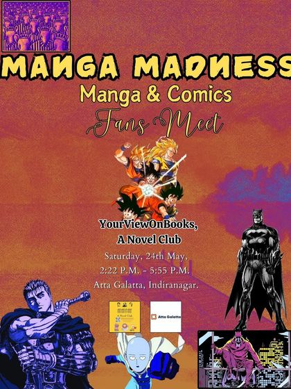 Poster for 'Manga Madness', a fans meet for manga and comics enthusiasts with games and activities.