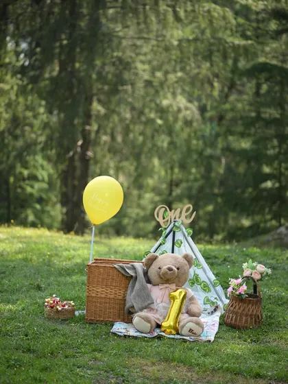 A detailed shot of the birthday picnic setup before the celebration begins. This highlights the care I put into styling each milestone session, from the wicker baskets to the 'One' sign and teddy bear.