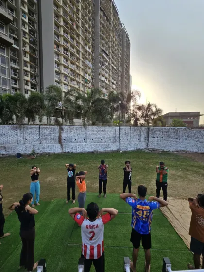 Our morning batch at Kanjurmarg starts the day right with some shoulder mobility warm-ups, preparing the joints for the intense workout ahead.