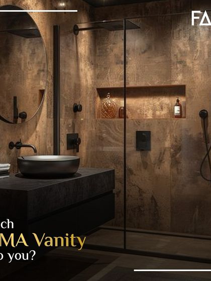 Which vanity style is so you? This bold, industrial-inspired bathroom features a dark, monolithic vanity with a vessel sink and matte black fixtures, creating a strong and confident design statement.