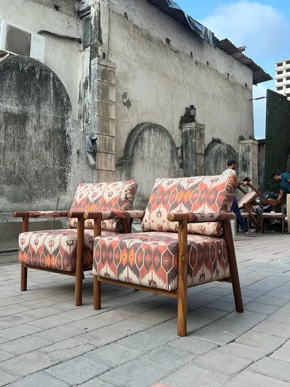 A low-angle shot of the ikat-patterned chairs.