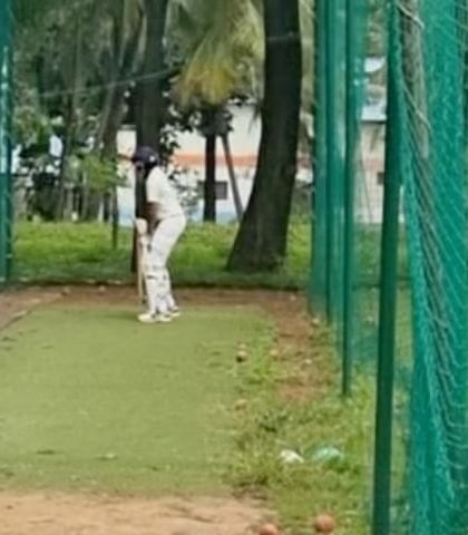 A glimpse of Arnav's batting stance during net practice. Perfecting technique starts at a young age and requires constant refinement.