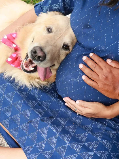 Moments like these are pure magic. This sweet golden retriever resting his head so gently on his mom's baby bump says everything without a single word. Capturing this protective, loving bond is what makes pet-inclusive photography so special.