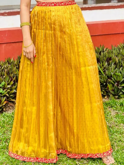 A close-up of the Kanchivaram tissue pleated skirt, showing the texture of the fabric and the contrasting red embroidered border.
