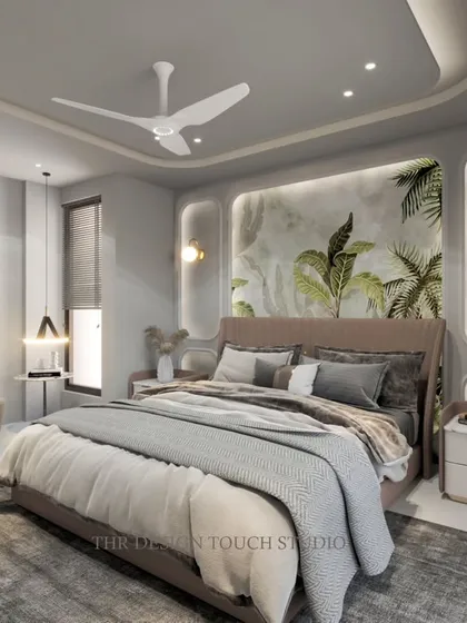 This 3D render visualizes a serene bedroom with a beautiful biophilic (nature-themed) mural behind the bed, framed by soft, curved wall panels.