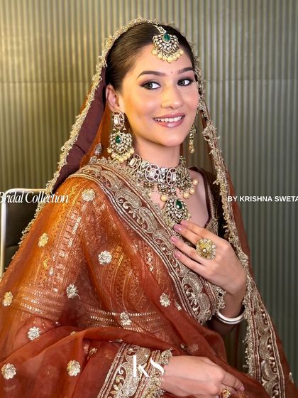 The complete bridal look, showcasing how our jewellery complements the bride's attire. This set includes a choker, earrings, and maang tikka, all designed to create a cohesive and stunning appearance.