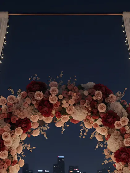 A close-up of a custom floral arch, crafted with a mix of lush red, pink, and white roses and peonies. This element adds a soft, natural beauty that contrasts perfectly with the city lights.