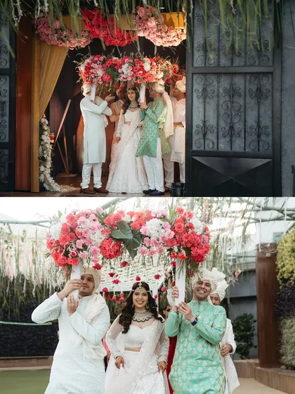 A two-part image capturing the bride's entry from two perspectives: emerging from the doorway and walking towards the ceremony, surrounded by her loved ones.