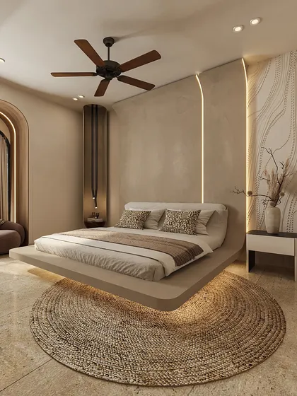 We believe in design that soothes the senses. This bedroom embodies a raw, rustic calm, featuring a floating platform bed with integrated lighting, earthy textures, and a palette of soft, natural tones to create a grounded and serene retreat.