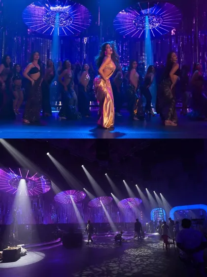 A comparison shot from 'Bejuria' showing Janhvi Kapoor on stage. The bottom frame reveals the lighting setup used to create the glamorous purple and white look in the final shot.