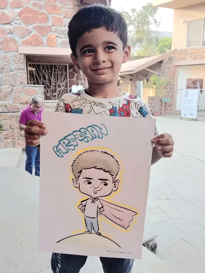This little superhero is ready to fly! A fun, full-body caricature for a young boy with a big imagination.