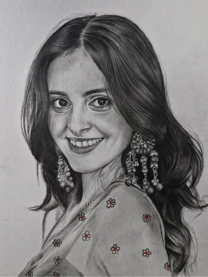 This paid commission features a woman with a bright smile and elaborate earrings, with a subtle touch of color.