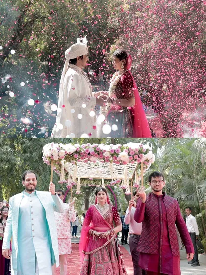 Two of the most iconic moments of a Hindu wedding. The top frame captures the joyful exchange of garlands, while the bottom shows the bride's graceful entrance under the 'phoolon ki chaadar', both documented to tell a complete story.