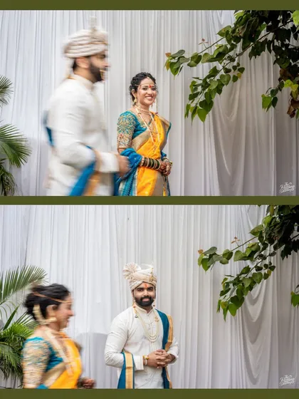 A creative motion blur shot capturing the "first look" as the bride walks towards the groom, full of anticipation.