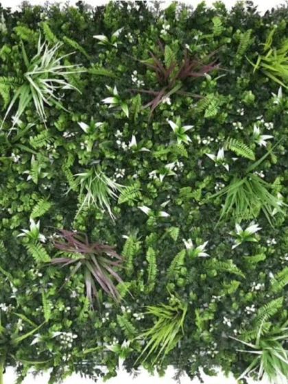 This sample panel shows a mix of green foliage with white flowering plants. It's a popular choice for a fresh and elegant look for both homes and businesses.