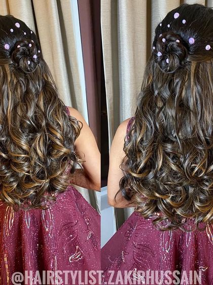 A dual-angle view of the half-up style with a mini bun, highlighting the accessories and curls.