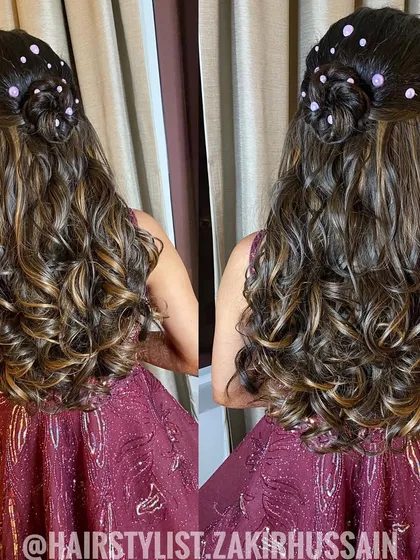 A dual-angle view of the half-up style with a mini bun, highlighting the accessories and curls.