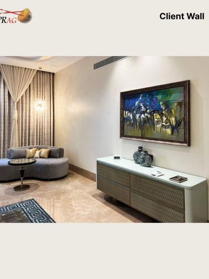 An abstract musical piece brings a soulful rhythm to this client's elegant seating area, its colors harmonizing with the luxurious textures of the room.