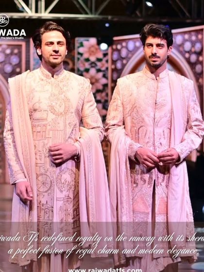 Two models showcase my exquisite sherwanis on the runway. This image highlights the intricate handwork and luxurious fabrics that redefine royalty in modern groomswear.