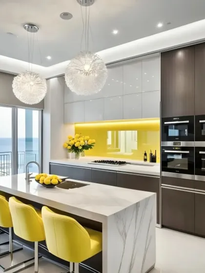 An open-concept kitchen with a stunning sea view, featuring a large marble island with seating. The design combines dark wood, white high-gloss cabinets, and a pop of yellow for a luxurious and modern feel.