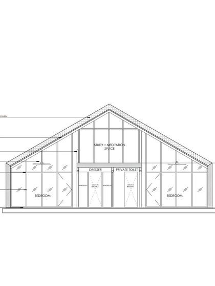 The detailed architectural elevation drawing for the Deramandi farmhouse. This plan outlines the spatial arrangement, including the double-height study and meditation space, which is a key feature of the home's interior.