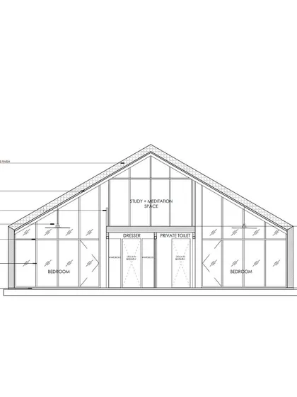 The detailed architectural elevation drawing for the Deramandi farmhouse. This plan outlines the spatial arrangement, including the double-height study and meditation space, which is a key feature of the home's interior.