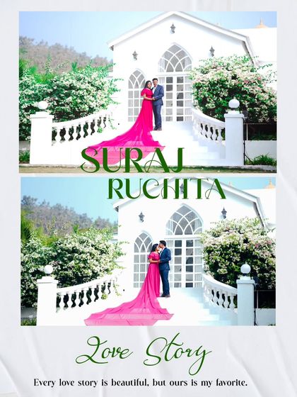 A "Love Story" design featuring the couple and the stunning long trail of the bride's gown, creating a dramatic and memorable image.