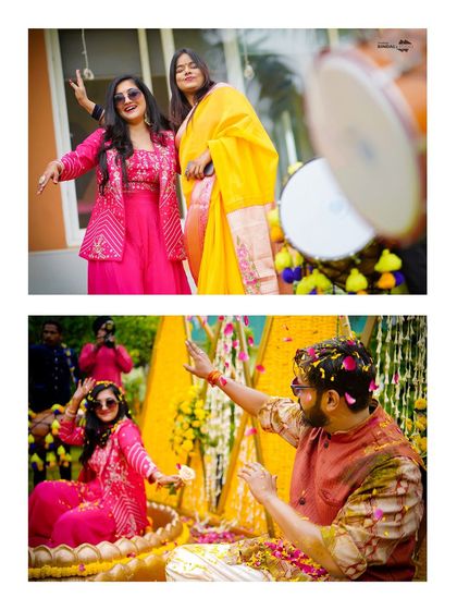 A collage of the couple's Haldi ceremony. It shows them dancing and enjoying the rituals, capturing the fun and festive atmosphere of the event.
