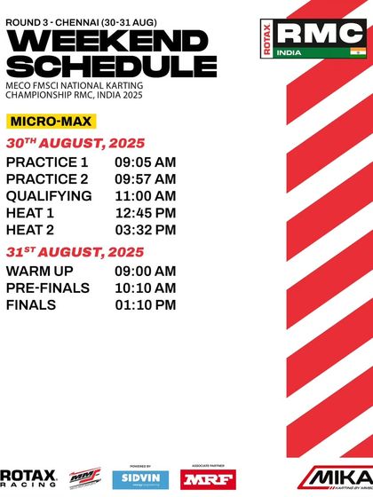 The weekend schedule for the Micro Max class. We ensure even our youngest competitors experience a professionally structured race event.
