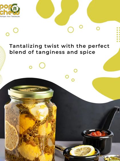 A beautifully styled shot of our lemon pickle, showcasing the translucent lemon pieces soaked in spices. This pickle offers a tantalizing twist with the perfect blend of tanginess and spice.