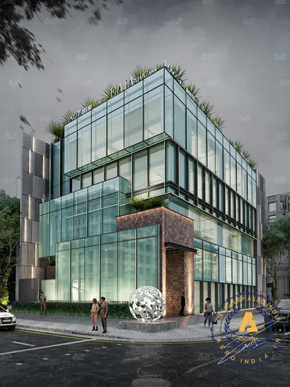 Facade Two of our Commercial Architecture Series, located on Golf Course Road, Gurgaon. This 500 sq-yd project features a facade inspired by blocks and cubes, with extensive use of glass and aluminum for a shining, sustainable exterior.